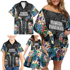 Penrith Panthers Family Matching Off Shoulder Short Dress and Hawaiian Shirt Tropical Hibiscus Floral Pattern With Black And Grey Accents