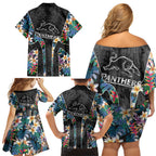 Penrith Panthers Family Matching Off Shoulder Short Dress and Hawaiian Shirt Tropical Hibiscus Floral Pattern With Black And Grey Accents