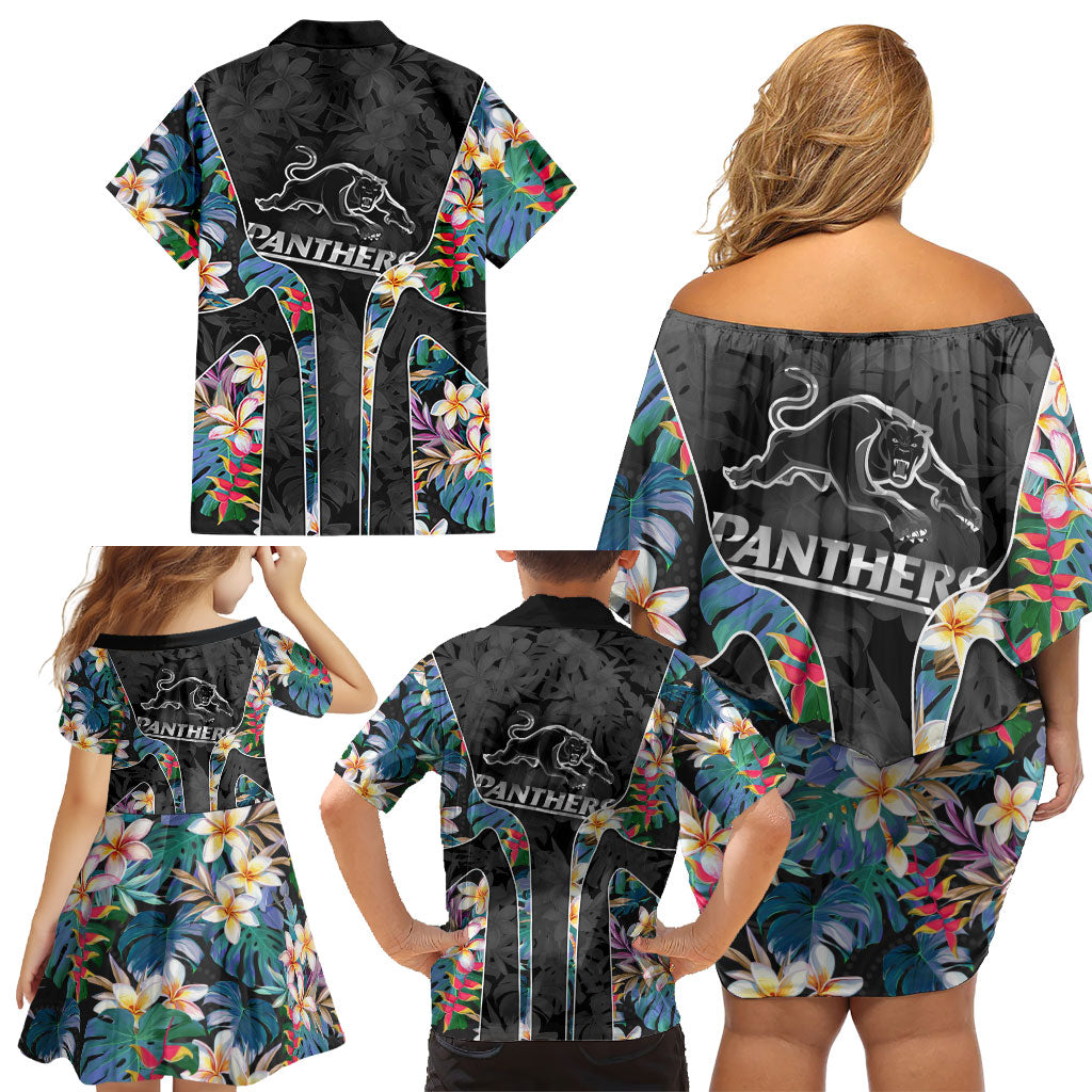 Penrith Panthers Family Matching Off Shoulder Short Dress and Hawaiian Shirt Tropical Hibiscus Floral Pattern With Black And Grey Accents