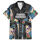 Penrith Panthers Family Matching Off Shoulder Short Dress and Hawaiian Shirt Tropical Hibiscus Floral Pattern With Black And Grey Accents
