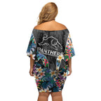 Penrith Panthers Family Matching Off Shoulder Short Dress and Hawaiian Shirt Tropical Hibiscus Floral Pattern With Black And Grey Accents