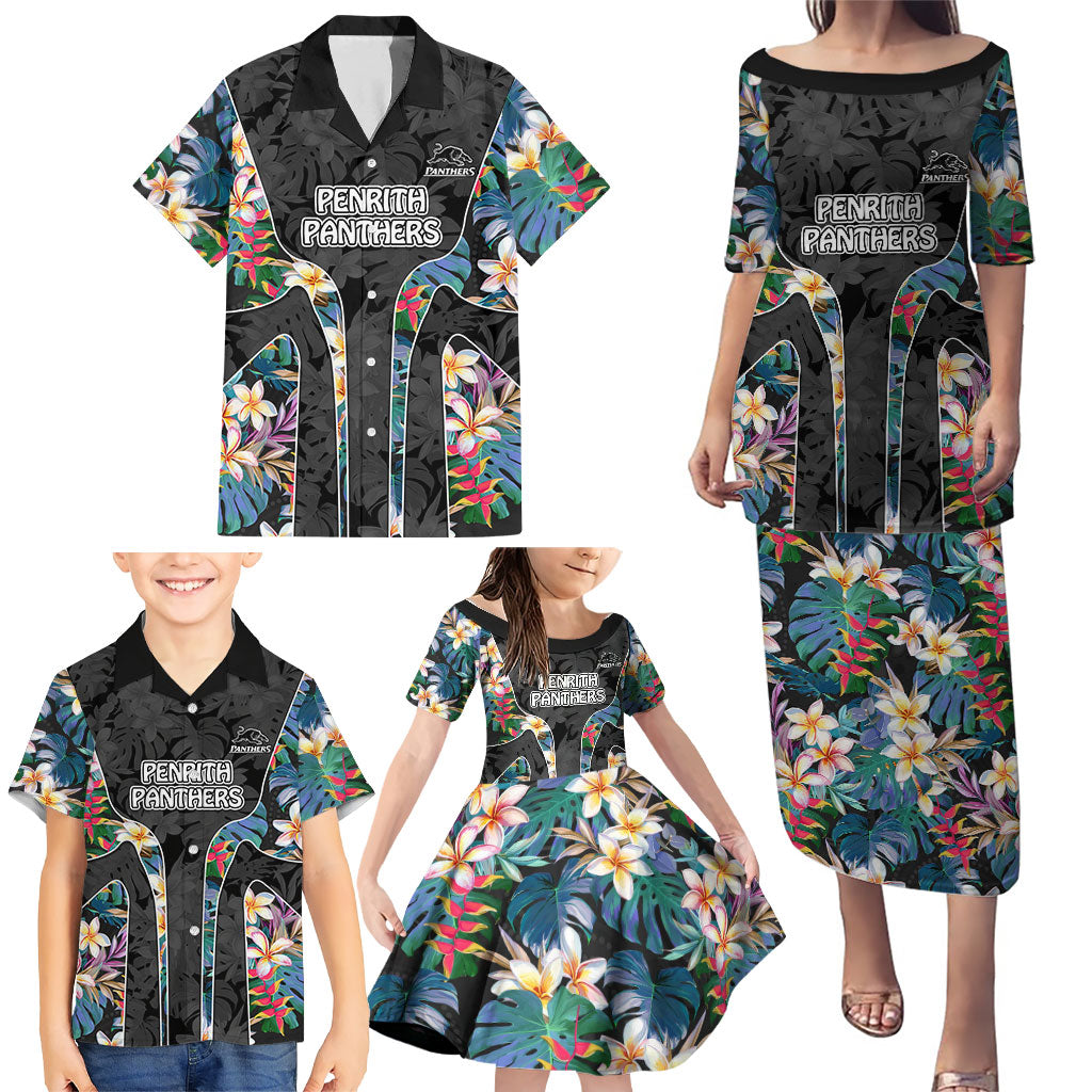 Penrith Panthers Family Matching Puletasi and Hawaiian Shirt Tropical Hibiscus Floral Pattern With Black And Grey Accents
