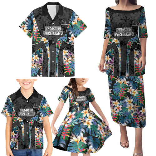 Penrith Panthers Family Matching Puletasi and Hawaiian Shirt Tropical Hibiscus Floral Pattern With Black And Grey Accents
