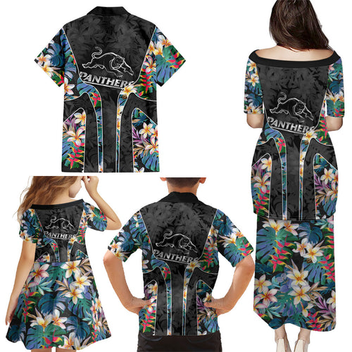 Penrith Panthers Family Matching Puletasi and Hawaiian Shirt Tropical Hibiscus Floral Pattern With Black And Grey Accents