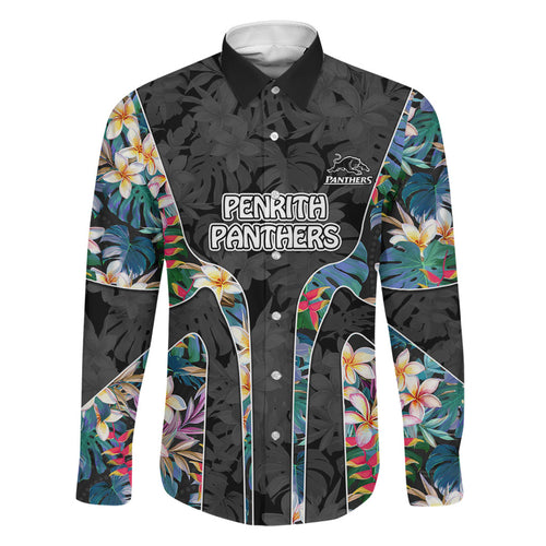 Penrith Panthers Family Matching Puletasi and Hawaiian Shirt Tropical Hibiscus Floral Pattern With Black And Grey Accents
