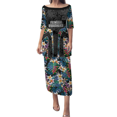 Penrith Panthers Family Matching Puletasi and Hawaiian Shirt Tropical Hibiscus Floral Pattern With Black And Grey Accents