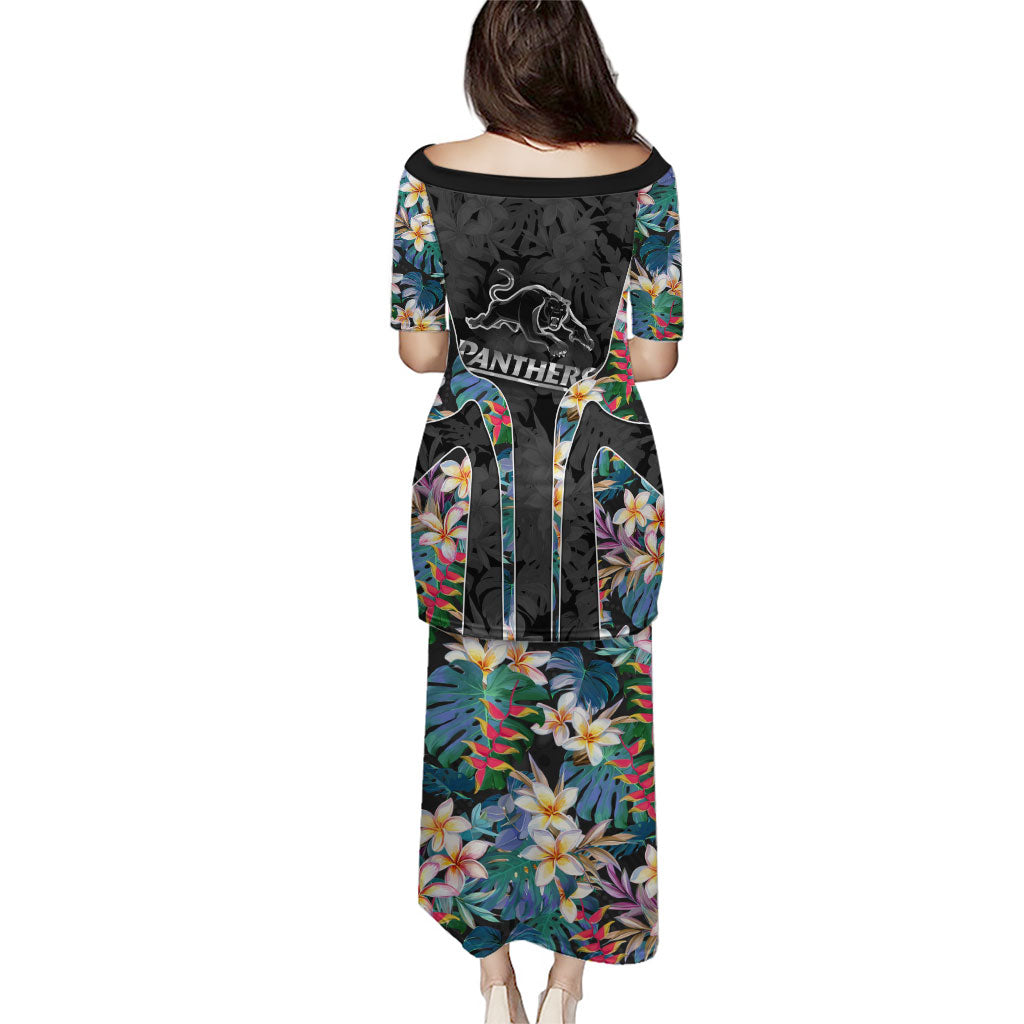 Penrith Panthers Family Matching Puletasi and Hawaiian Shirt Tropical Hibiscus Floral Pattern With Black And Grey Accents
