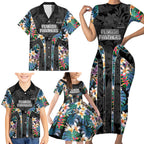 Penrith Panthers Family Matching Short Sleeve Bodycon Dress and Hawaiian Shirt Tropical Hibiscus Floral Pattern With Black And Grey Accents