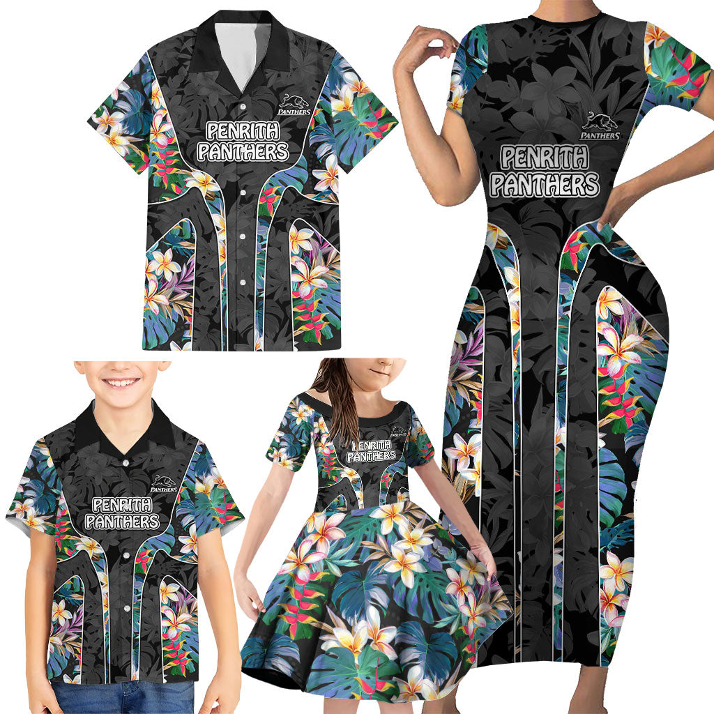 Penrith Panthers Family Matching Short Sleeve Bodycon Dress and Hawaiian Shirt Tropical Hibiscus Floral Pattern With Black And Grey Accents