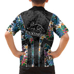 Penrith Panthers Family Matching Short Sleeve Bodycon Dress and Hawaiian Shirt Tropical Hibiscus Floral Pattern With Black And Grey Accents