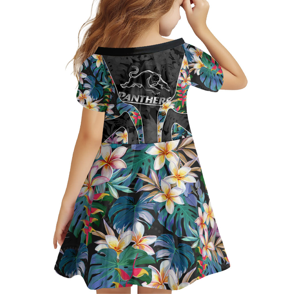 Penrith Panthers Family Matching Short Sleeve Bodycon Dress and Hawaiian Shirt Tropical Hibiscus Floral Pattern With Black And Grey Accents