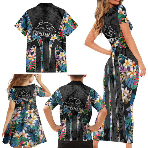 Penrith Panthers Family Matching Short Sleeve Bodycon Dress and Hawaiian Shirt Tropical Hibiscus Floral Pattern With Black And Grey Accents