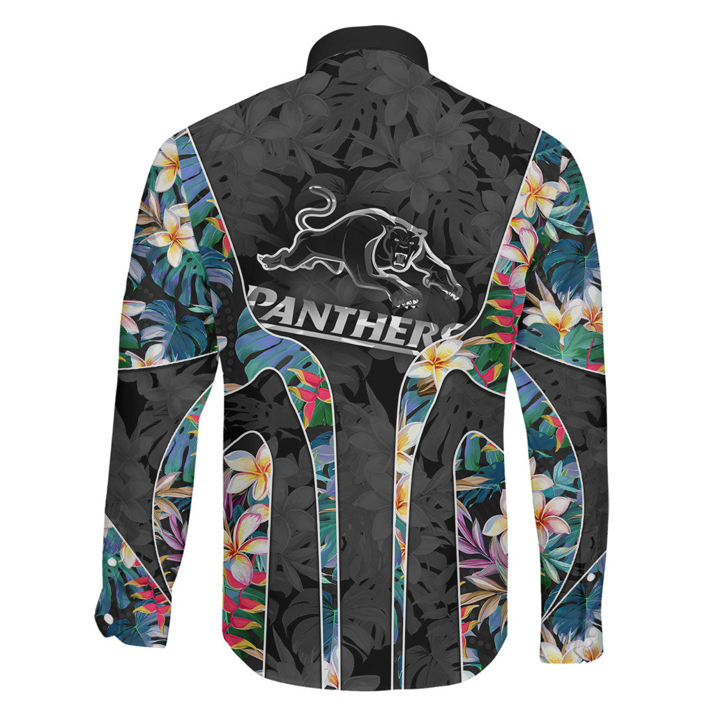 Penrith Panthers Family Matching Short Sleeve Bodycon Dress and Hawaiian Shirt Tropical Hibiscus Floral Pattern With Black And Grey Accents