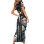 Penrith Panthers Family Matching Short Sleeve Bodycon Dress and Hawaiian Shirt Tropical Hibiscus Floral Pattern With Black And Grey Accents