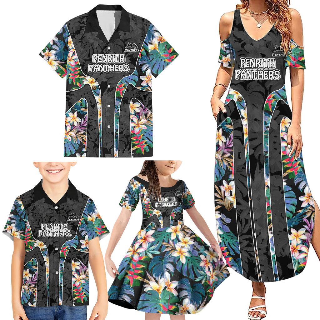 Penrith Panthers Family Matching Summer Maxi Dress and Hawaiian Shirt Tropical Hibiscus Floral Pattern With Black And Grey Accents