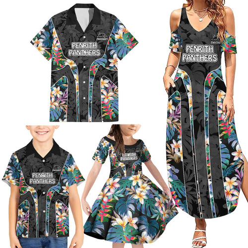 Penrith Panthers Family Matching Summer Maxi Dress and Hawaiian Shirt Tropical Hibiscus Floral Pattern With Black And Grey Accents