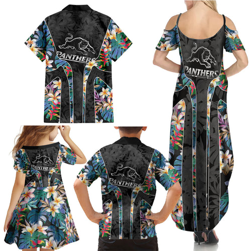 Penrith Panthers Family Matching Summer Maxi Dress and Hawaiian Shirt Tropical Hibiscus Floral Pattern With Black And Grey Accents