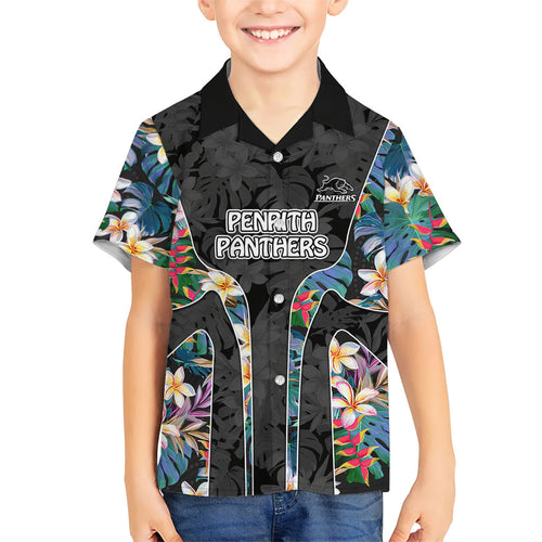 Penrith Panthers Family Matching Summer Maxi Dress and Hawaiian Shirt Tropical Hibiscus Floral Pattern With Black And Grey Accents