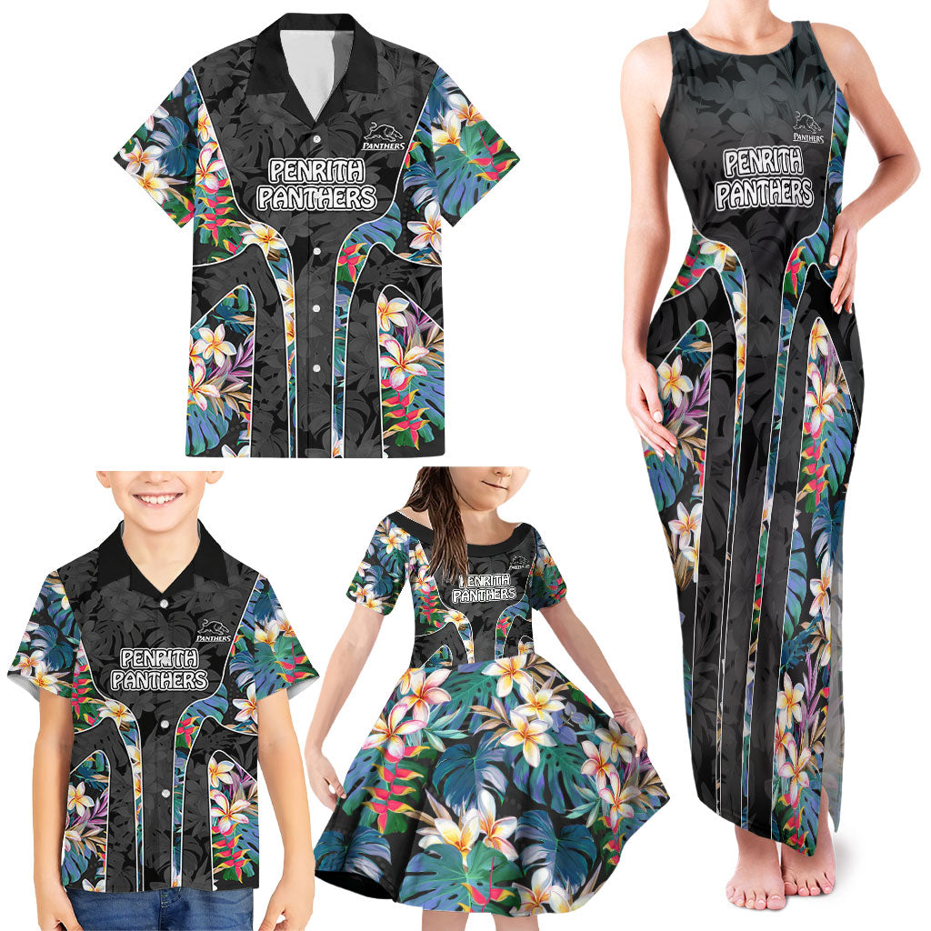 Penrith Panthers Family Matching Tank Maxi Dress and Hawaiian Shirt Tropical Hibiscus Floral Pattern With Black And Grey Accents