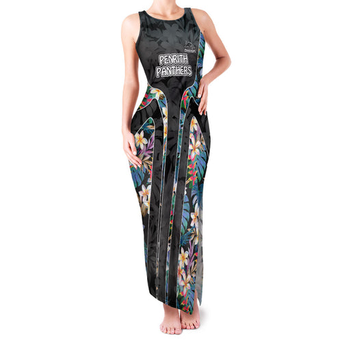 Penrith Panthers Family Matching Tank Maxi Dress and Hawaiian Shirt Tropical Hibiscus Floral Pattern With Black And Grey Accents