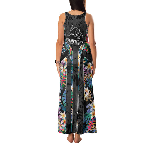 Penrith Panthers Family Matching Tank Maxi Dress and Hawaiian Shirt Tropical Hibiscus Floral Pattern With Black And Grey Accents