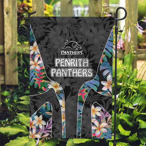 Penrith Panthers Garden Flag Tropical Hibiscus Floral Pattern With Black And Grey Accents