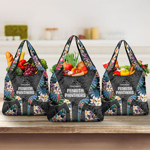 Penrith Panthers Grocery Bag Tropical Hibiscus Floral Pattern With Black And Grey Accents