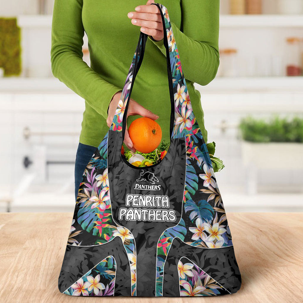 Penrith Panthers Grocery Bag Tropical Hibiscus Floral Pattern With Black And Grey Accents