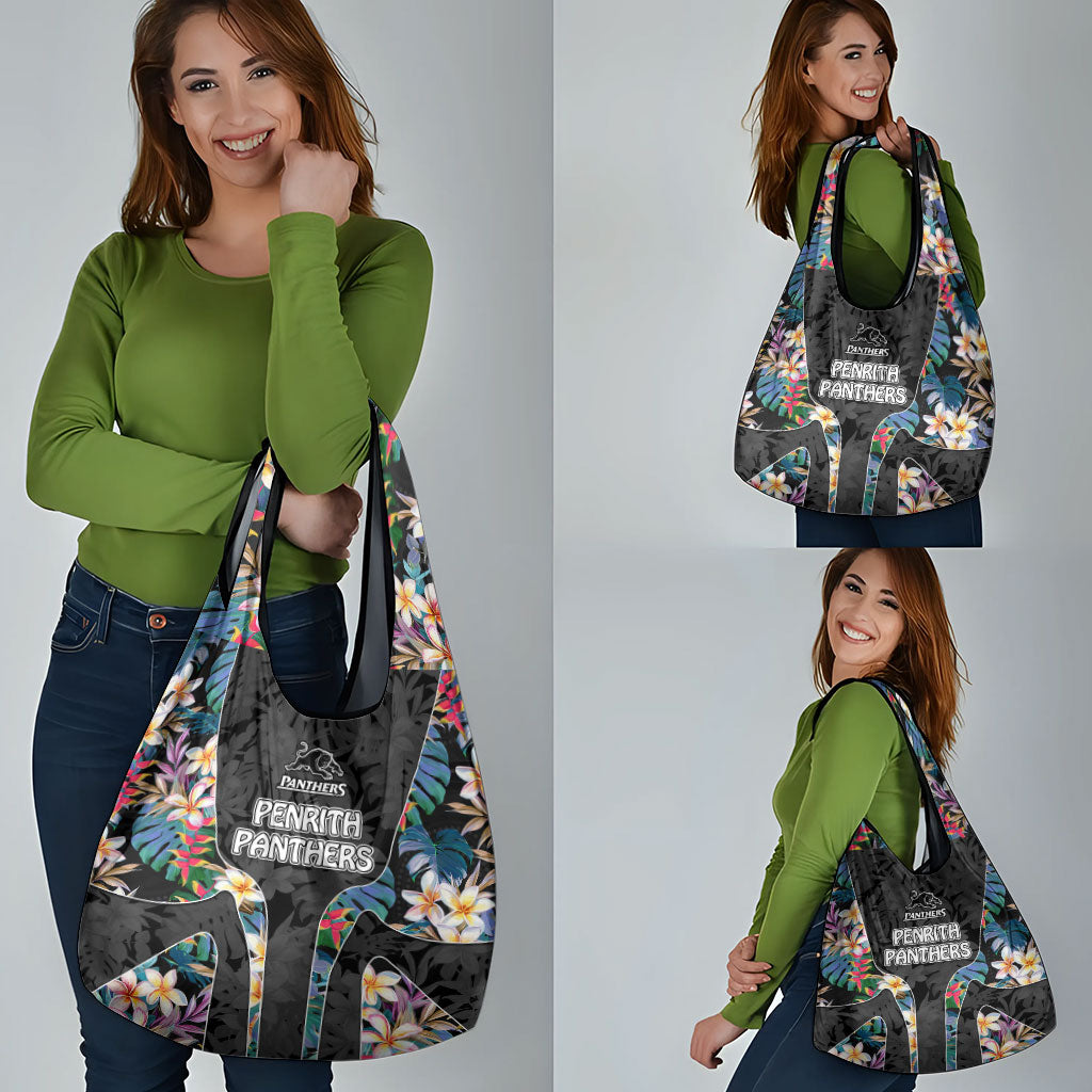 Penrith Panthers Grocery Bag Tropical Hibiscus Floral Pattern With Black And Grey Accents