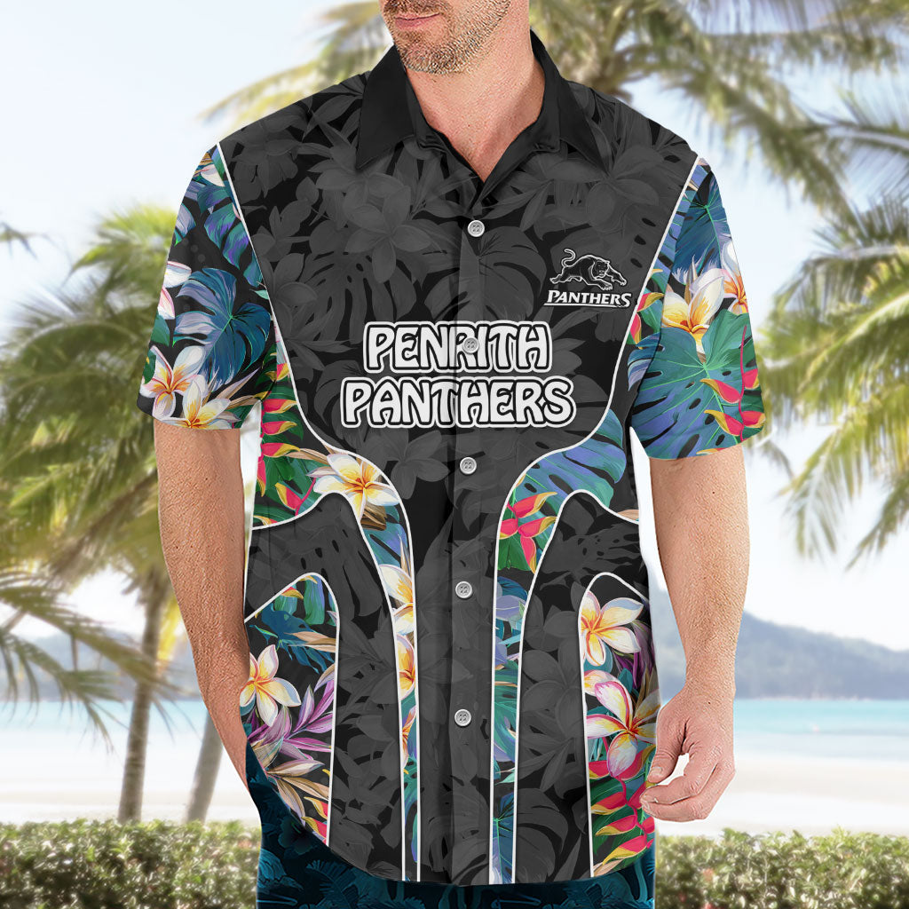 Penrith Panthers Hawaiian Shirt Tropical Hibiscus Floral Pattern With Black And Grey Accents