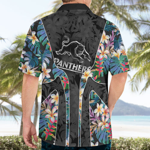 Penrith Panthers Hawaiian Shirt Tropical Hibiscus Floral Pattern With Black And Grey Accents