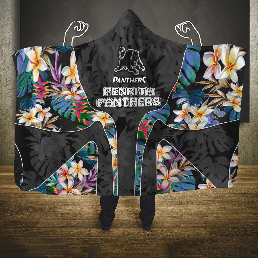 Penrith Panthers Hooded Blanket Tropical Hibiscus Floral Pattern With Black And Grey Accents