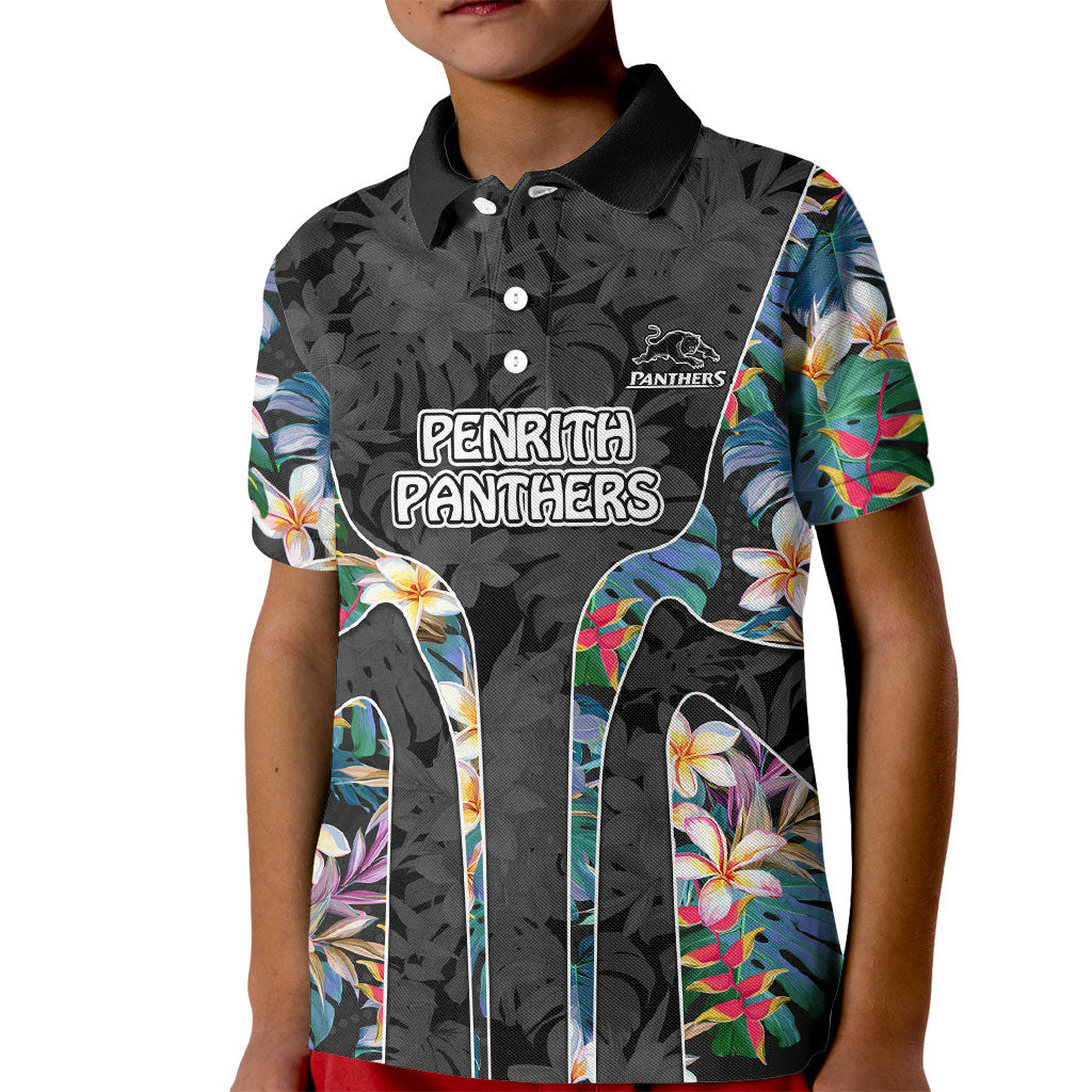 Penrith Panthers Kid Polo Shirt Tropical Hibiscus Floral Pattern With Black And Grey Accents