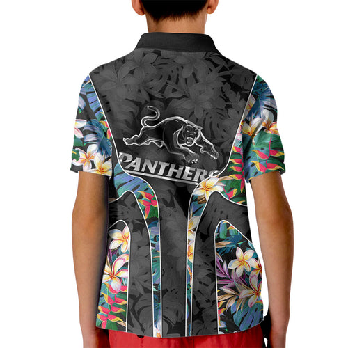 Penrith Panthers Kid Polo Shirt Tropical Hibiscus Floral Pattern With Black And Grey Accents