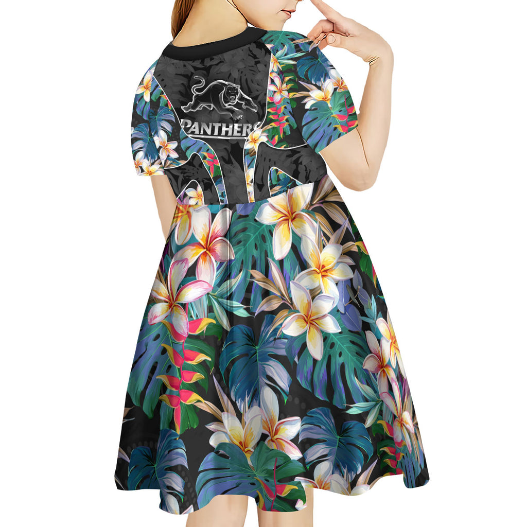 Penrith Panthers Kid Short Sleeve Dress Tropical Hibiscus Floral Pattern With Black And Grey Accents