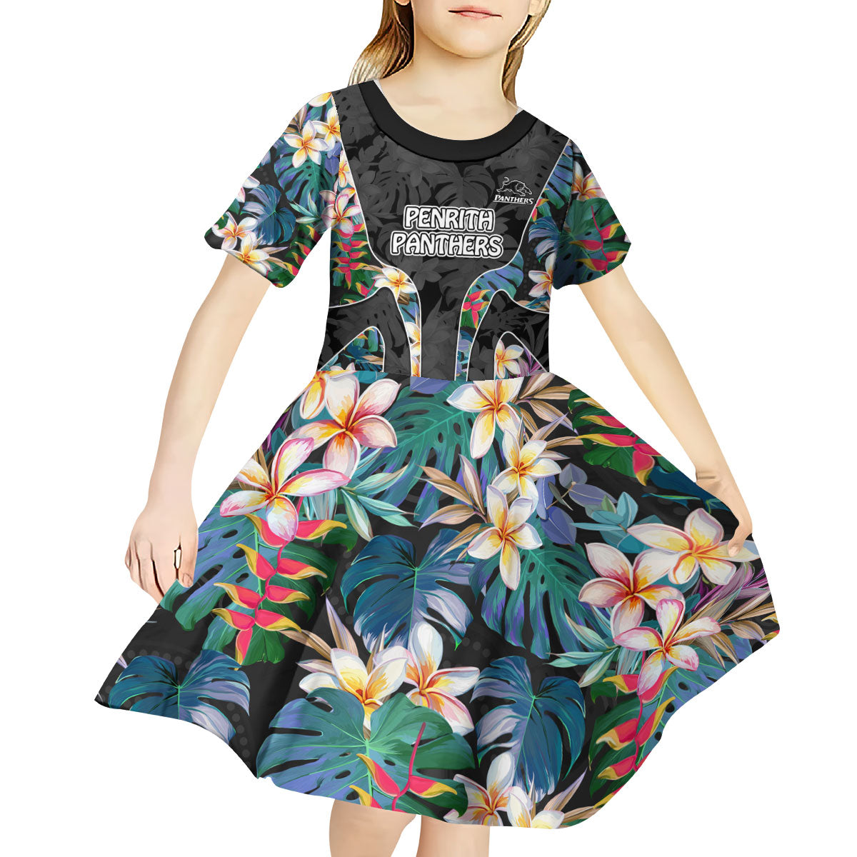 Penrith Panthers Kid Short Sleeve Dress Tropical Hibiscus Floral Pattern With Black And Grey Accents