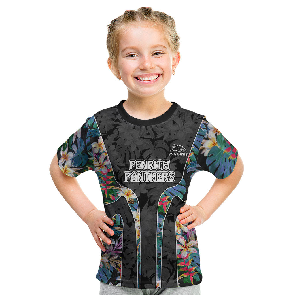 Penrith Panthers Kid T Shirt Tropical Hibiscus Floral Pattern With Black And Grey Accents