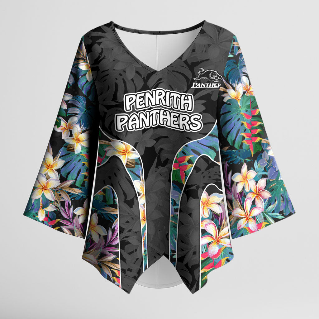 Penrith Panthers Kimono Sleeve Blouse Tropical Hibiscus Floral Pattern With Black And Grey Accents