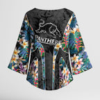 Penrith Panthers Kimono Sleeve Blouse Tropical Hibiscus Floral Pattern With Black And Grey Accents