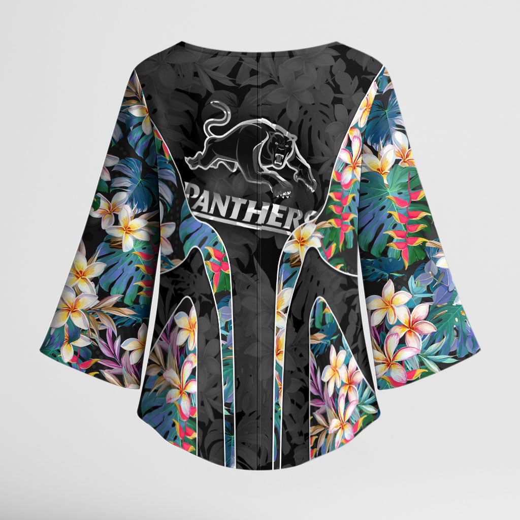Penrith Panthers Kimono Sleeve Blouse Tropical Hibiscus Floral Pattern With Black And Grey Accents