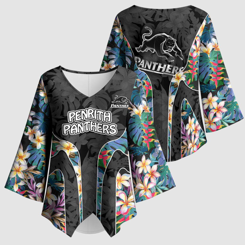 Penrith Panthers Kimono Sleeve Blouse Tropical Hibiscus Floral Pattern With Black And Grey Accents