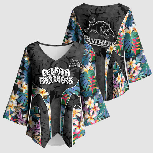Penrith Panthers Kimono Sleeve Blouse Tropical Hibiscus Floral Pattern With Black And Grey Accents