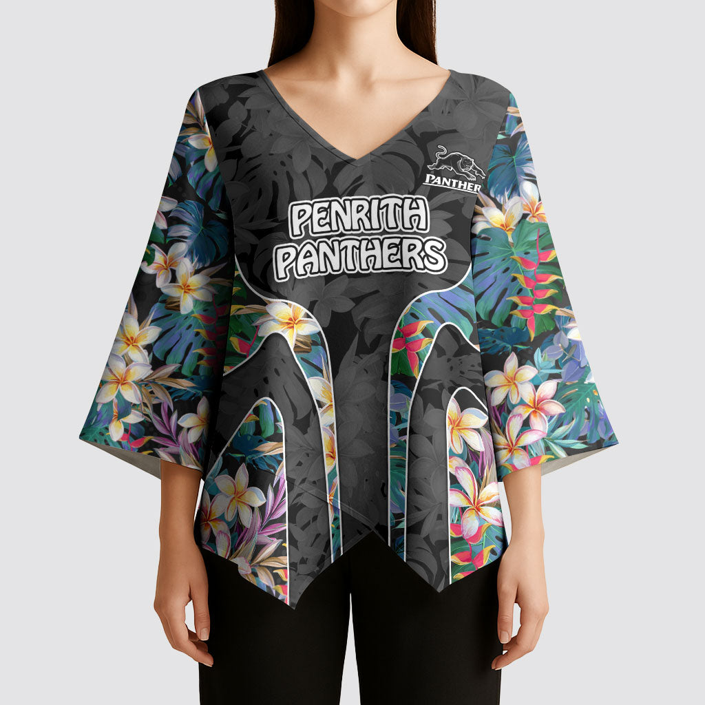 Penrith Panthers Kimono Sleeve Blouse Tropical Hibiscus Floral Pattern With Black And Grey Accents