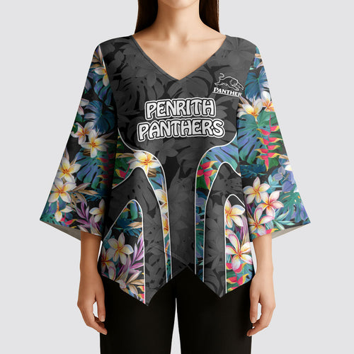 Penrith Panthers Kimono Sleeve Blouse Tropical Hibiscus Floral Pattern With Black And Grey Accents