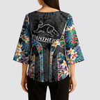 Penrith Panthers Kimono Sleeve Blouse Tropical Hibiscus Floral Pattern With Black And Grey Accents