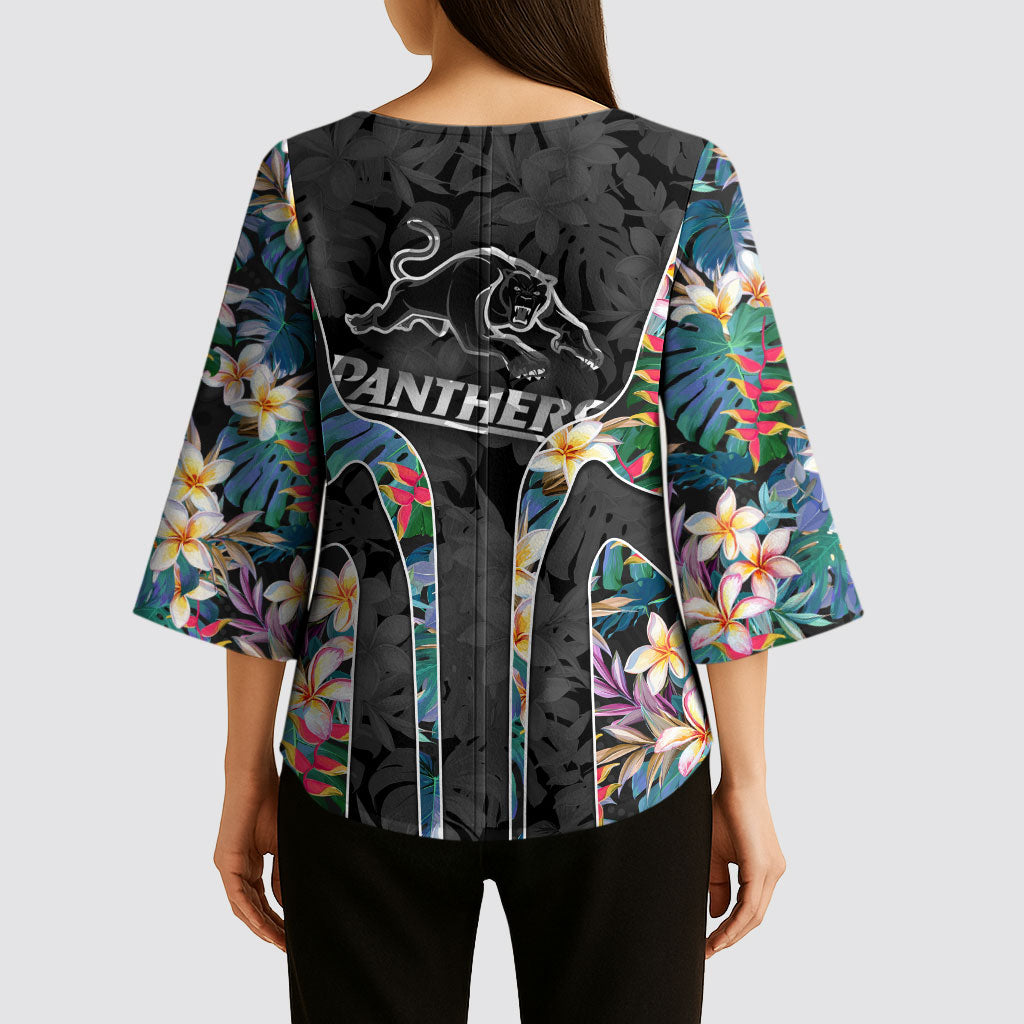 Penrith Panthers Kimono Sleeve Blouse Tropical Hibiscus Floral Pattern With Black And Grey Accents