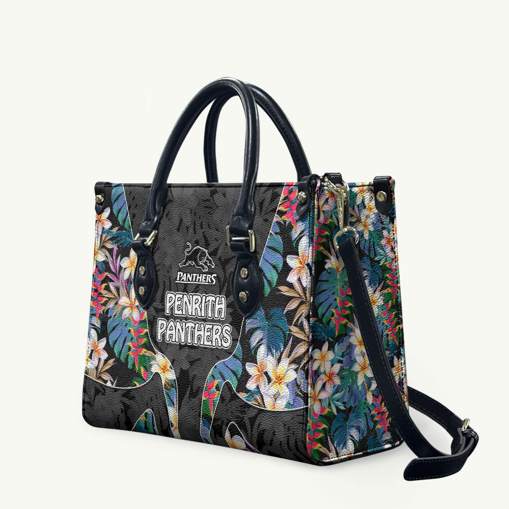 Penrith Panthers Leather Bag Tropical Hibiscus Floral Pattern With Black And Grey Accents