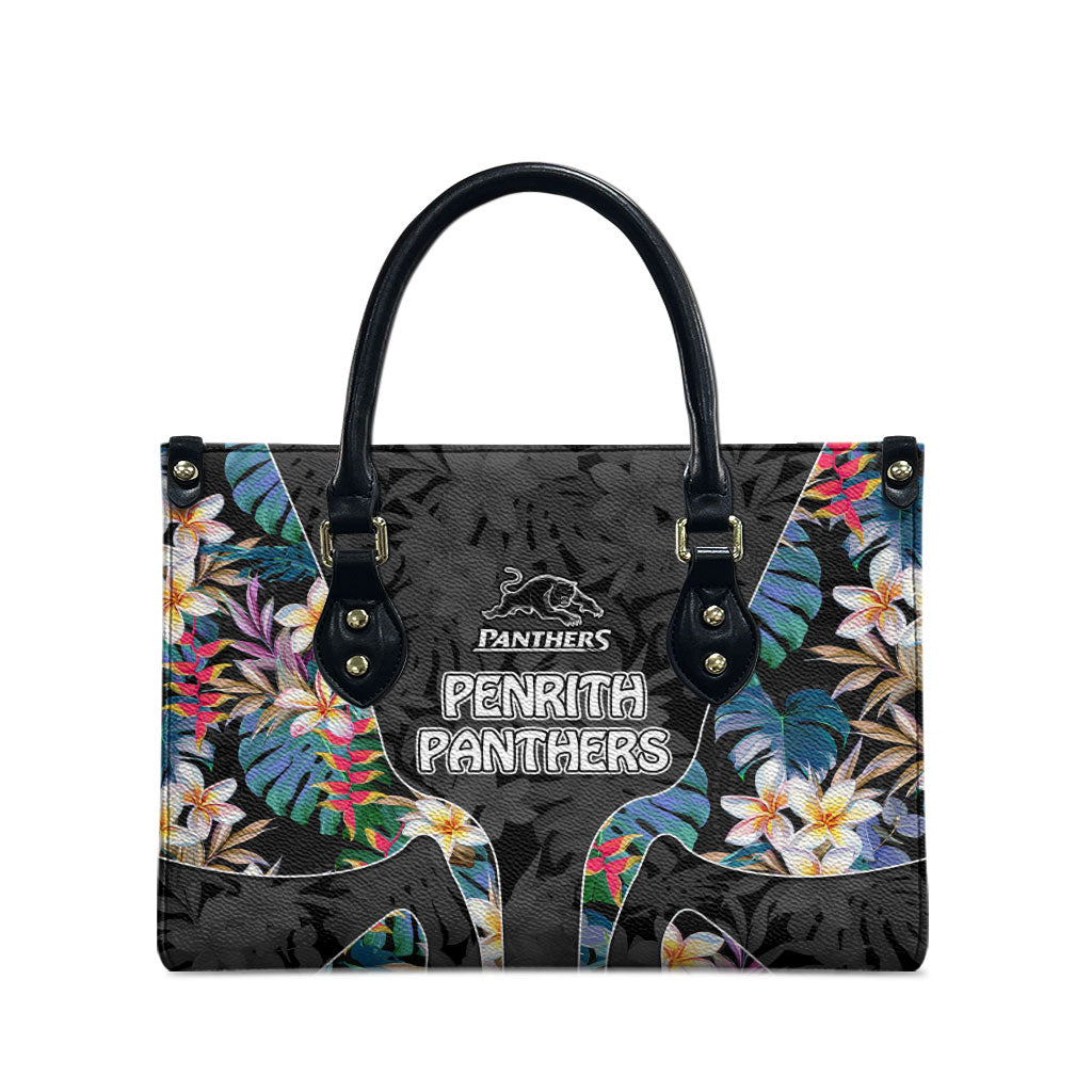 Penrith Panthers Leather Bag Tropical Hibiscus Floral Pattern With Black And Grey Accents