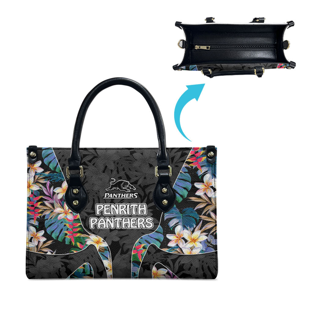 Penrith Panthers Leather Bag Tropical Hibiscus Floral Pattern With Black And Grey Accents