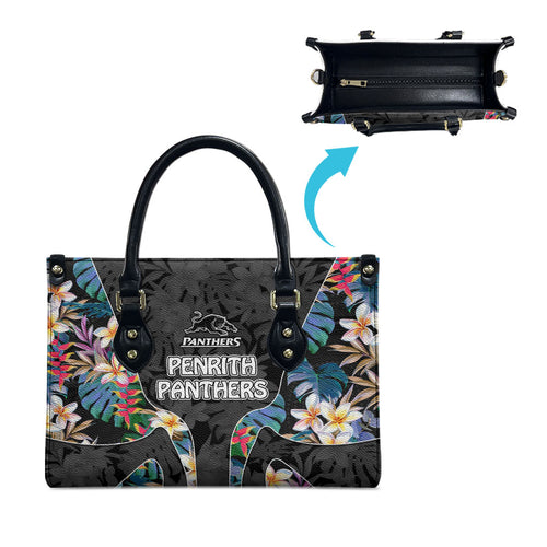 Penrith Panthers Leather Bag Tropical Hibiscus Floral Pattern With Black And Grey Accents